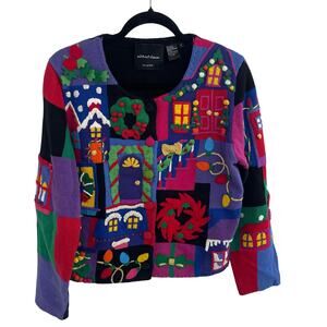 Vintage Michael Simon Multicolor Embroidered Knit Holiday Cardigan Medium AS IS
